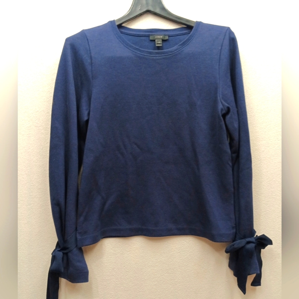 J. Crew Tie Ribbon Bow Long Sleeve Pullover Sweatshirt Sweater Top XS Navy